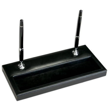 Classic Black Leather Double Pen Stand with Silver