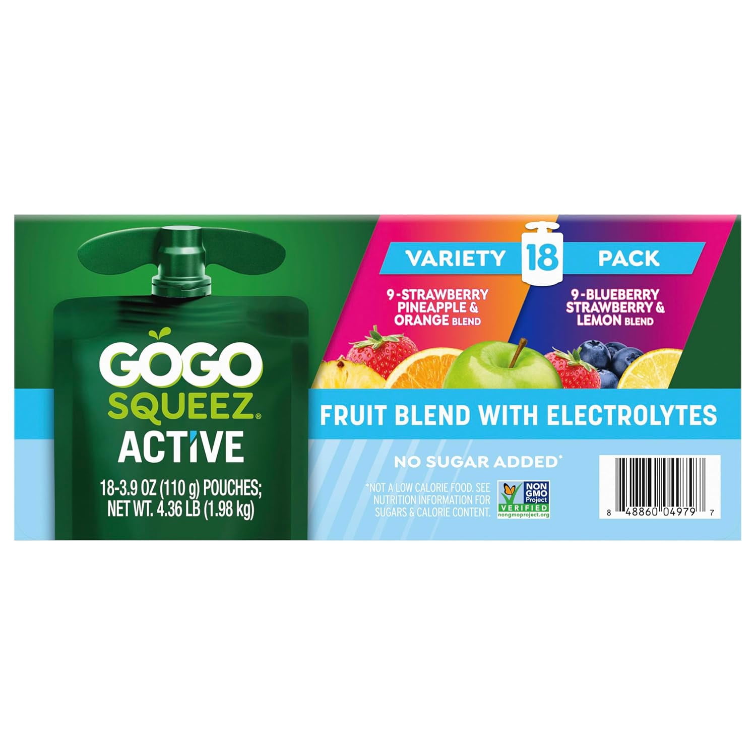 GoGo squeeZ Active Fruit Blend with Electrolytes | 18-Count Variety Pack | Blueberry Strawberry Lemon & Strawberry Pineapple Orange | Made with Real Fruit and Antioxidants Vitamin A, E, & C​