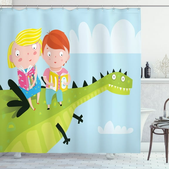 Dragon Shower Curtain, Cute Boy and Girl Sitting and Reading on a Dragon Flying Up in the Sky Fairytale, Fabric Bathroom Set with Hooks, 69"WX70"L, Multicolor, by Ambesonne