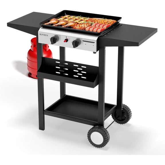 2-Burner Portable Propane Griddle with Nonstick Enameled Surface, 20000 BTU Flat Top Gas Grill with Side Shelves & Regulator for Outdoor Cooking