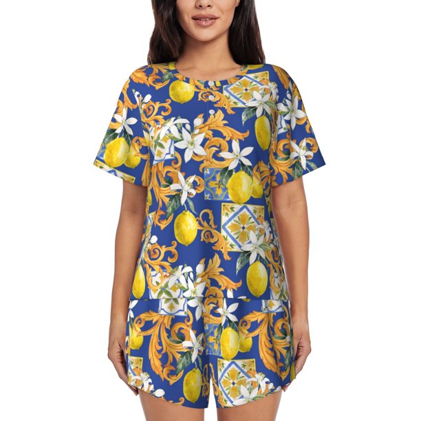 Balery Sicilian Style Conjunto de Pijama para Mujer con Estampado, Dos Piezas de Manga Corta y Shorts, Ropa de Dormir Suave con Cuello Redondo y Bolsillos-4X-Large