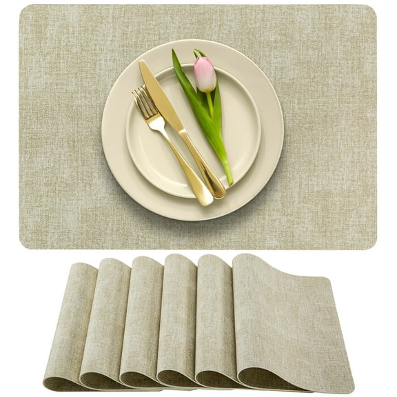 More Décor Faux Leather Placemats for Dining and Kitchen Table - Stain and Heat Resistant, Non Slip, Wipeable, Washable - Set of 6 - Beige