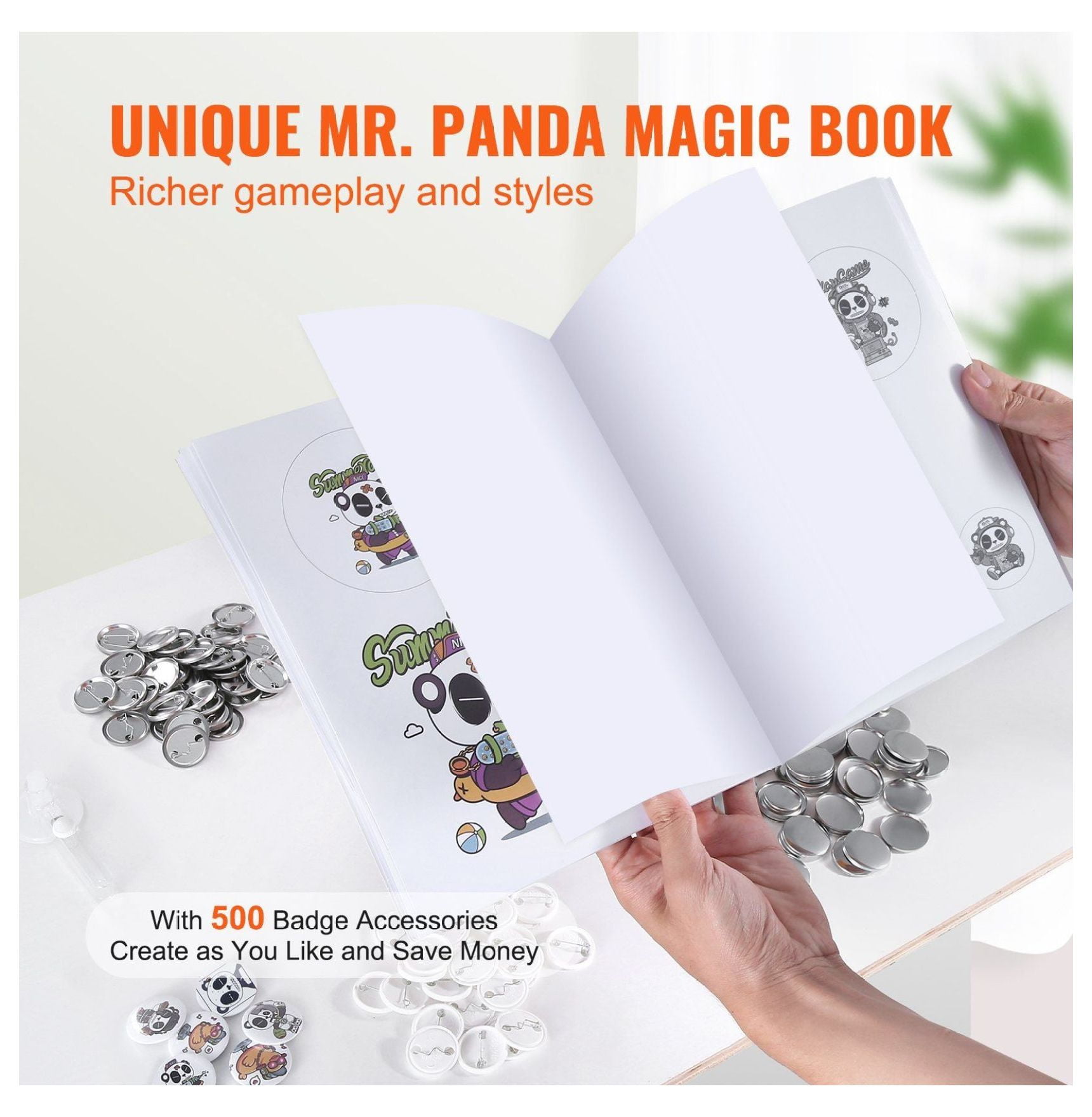 Button Maker 1.25 inch - 32mm Pin Making Kit, 500 Parts, Ergonomic Handle, DIY Badge Machine with Panda Magic Book - Gifts for Kids, Christmas Crafts