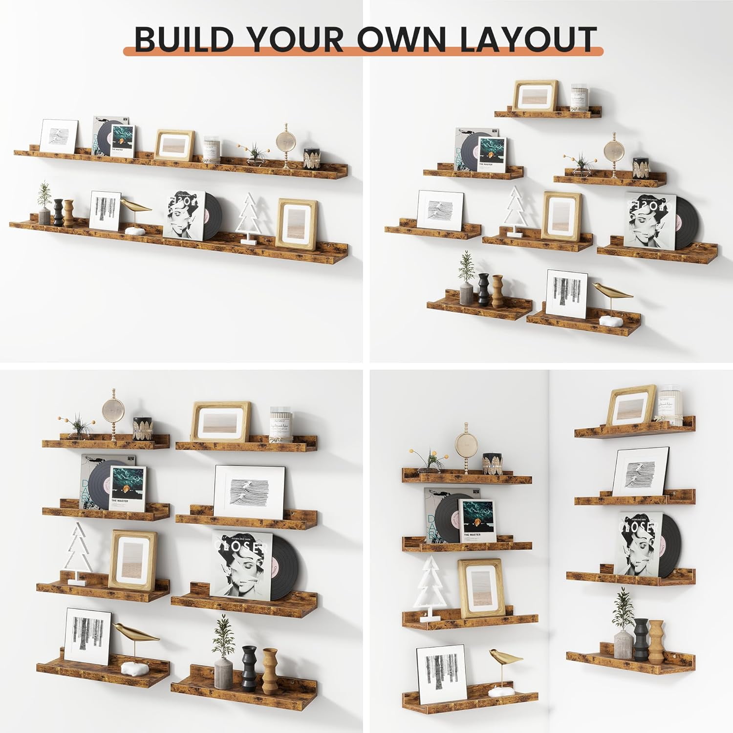 Floating Picture Ledge Shelves for Wall Set of 8, 16 Inch Solid Wood Wall Shelves with Lip Long Large Nursery Book Shelf for Toys Storage Kids Bookshelf Wall Mounted Living Room Bedroom Decor Frames