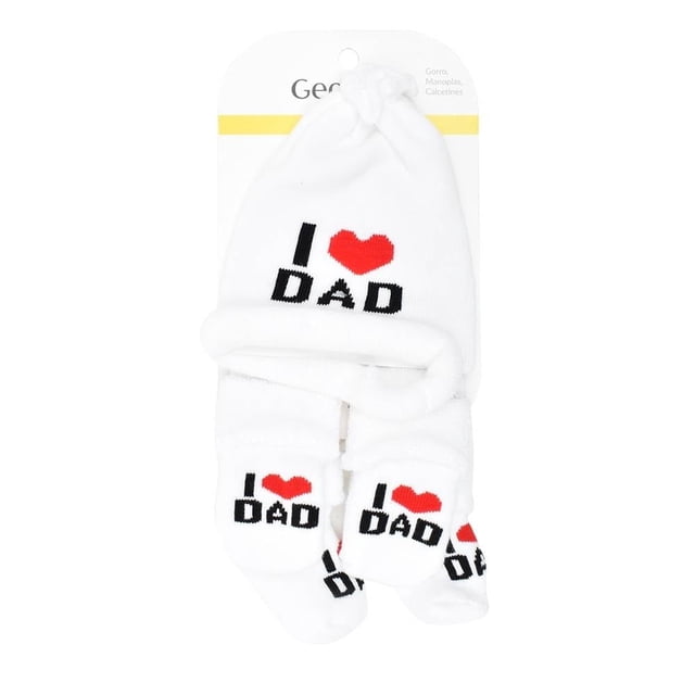 Gorro George + Manoplas + Calcetines Talla 0-6 Meses I Love Dad Blanco para Bebé 3 Piezas