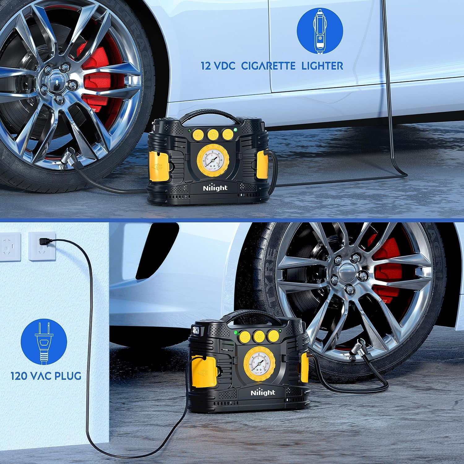 Nilight Tire Inflator Portable Air Compressor Dual Power for Car 12V DC Home 110V AC Tire Pump w/Analog Pressure Gauge Fast Inflate Auto Shutoff Pump for Car SUV Motorcycle Bicycle, 2 Years Warranty