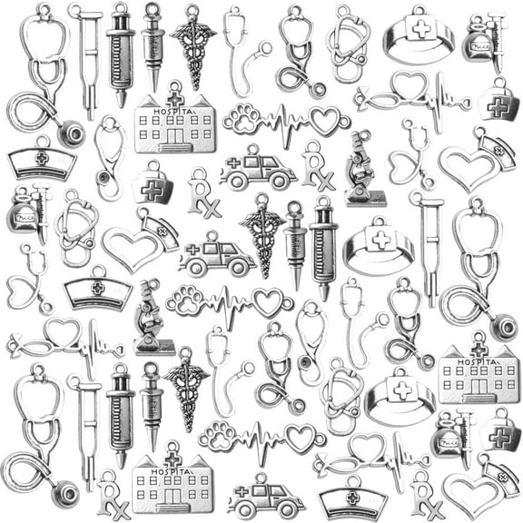 100g Crafts Supplies Antique Silver Medical Charms Alloy Hospital Charms Stethoscope Syringe Nurse Cap Hat Microscope Charm Pendants for Bracelet Necklace DIY Jewelry Making