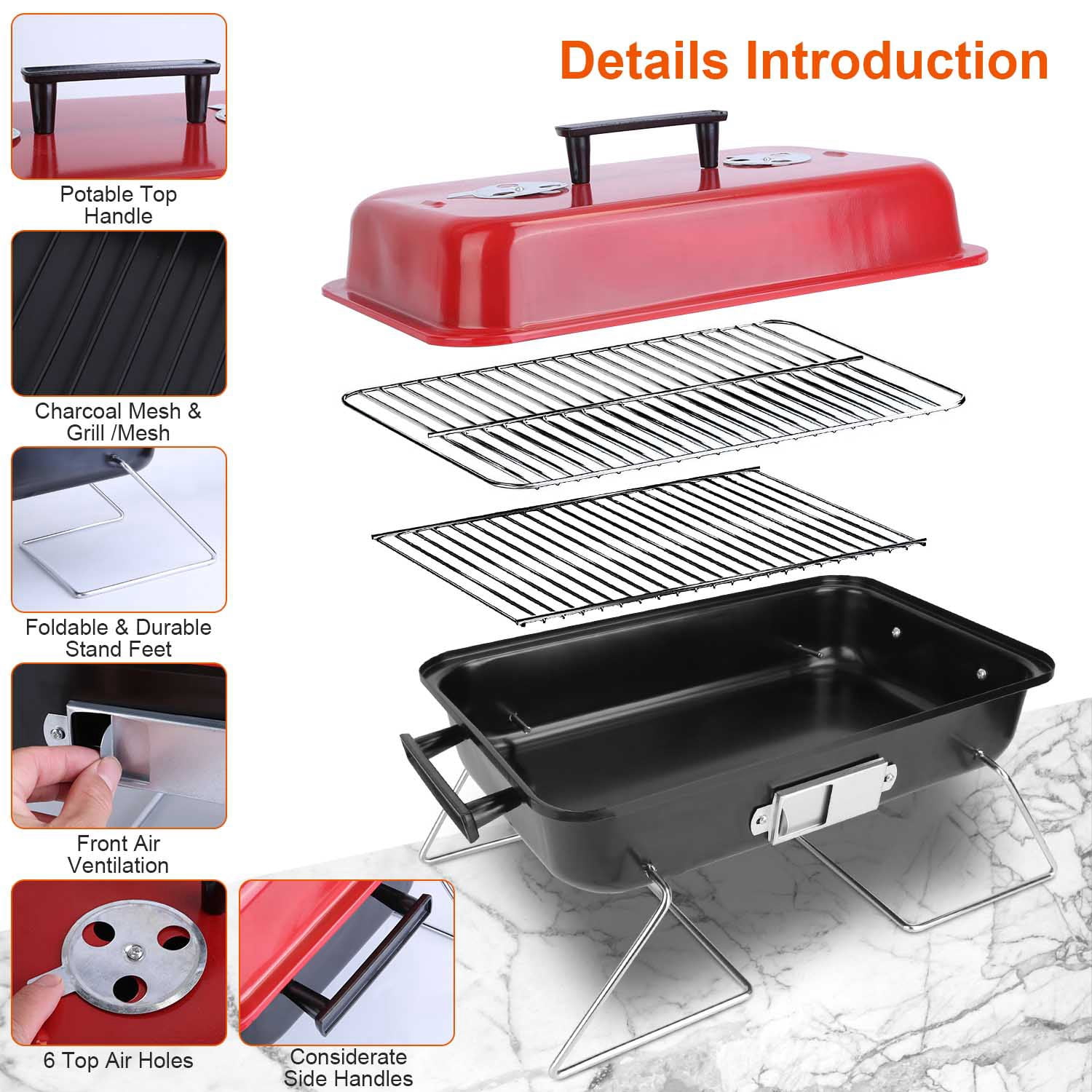 Portable Tabletop Charcoal Grill with Lid, Compact Suitcase Style Folding BBQ Smoker for Outdoor Backyard Camping, Tailgating Beach Trip Picnic & RV, 19.7in Lightweight Red Iron Grill with Air Vents