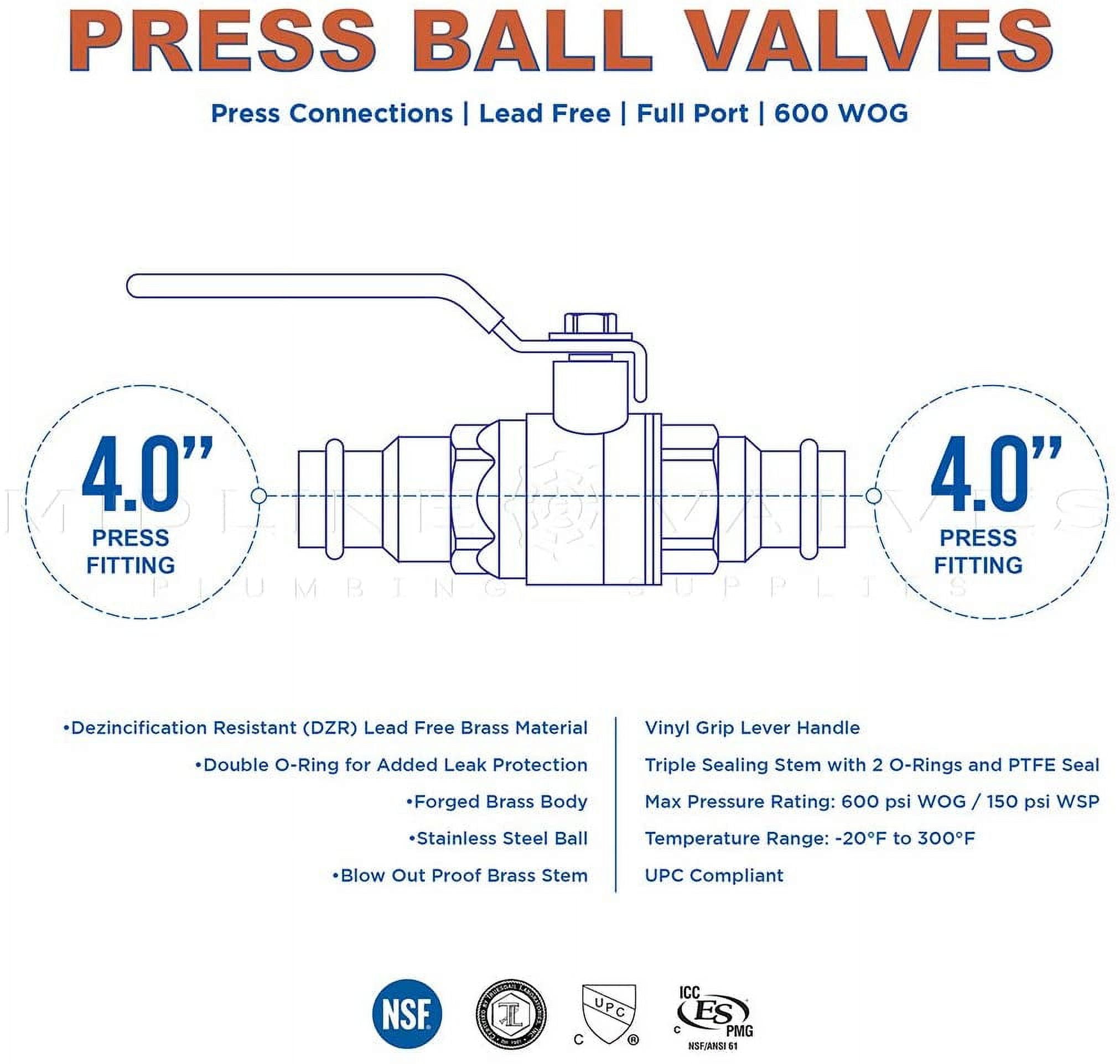 Midline Valve 532004VLV-5 Double-O-Ring Press Ball Valve, with 4 in. Press Connections, Brass (Pack of 5)