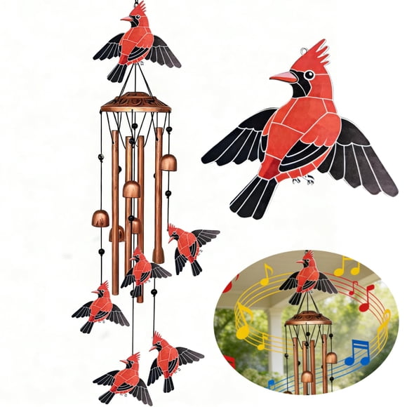 Cardinal Wind Chimes for Outside, Metal Bird Wind Chime with Aluminum Tubes, Garden & Porch Outdoor Decor, Red Cardinal Yard Decor