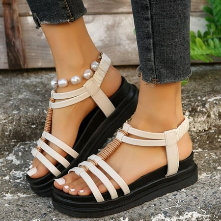 

AOOCHASLIY Independence Day Shoes Women s Summer New Plus Size Open-toed Cut-out Roman Sandals Retro Elastic Beach Sandals