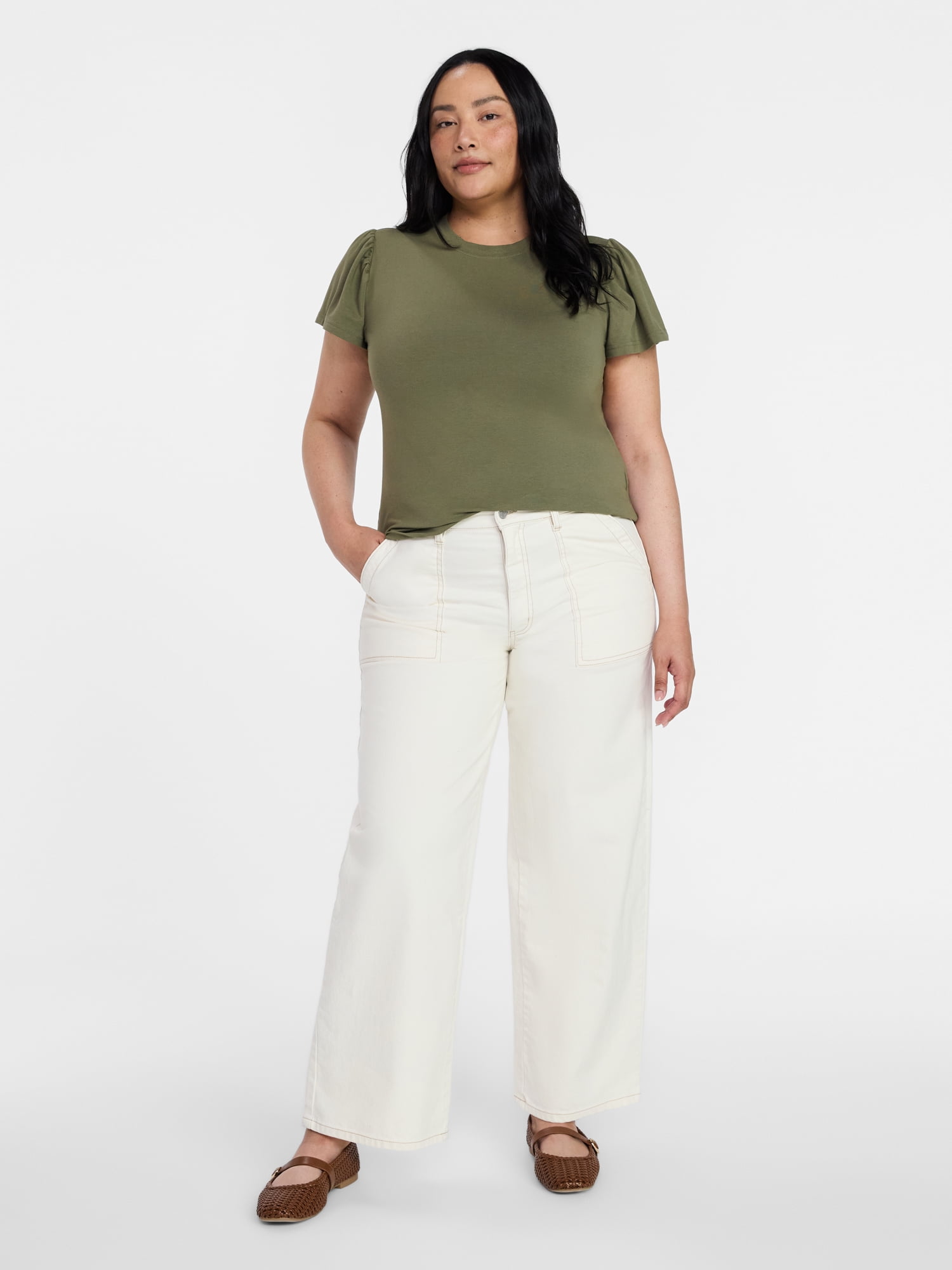 Time and Tru Women's Crewneck Top with Short Flutter Sleeves, Sizes XS-XXXL