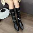 thumbnail image 2 of Xfvqtps Boots for Women Knee High Pointed Toe Mid Heel Booties with Buckle Details Rear Zipper Pull on Faux Leather Casual Winter Shoes Black, 2 of 5