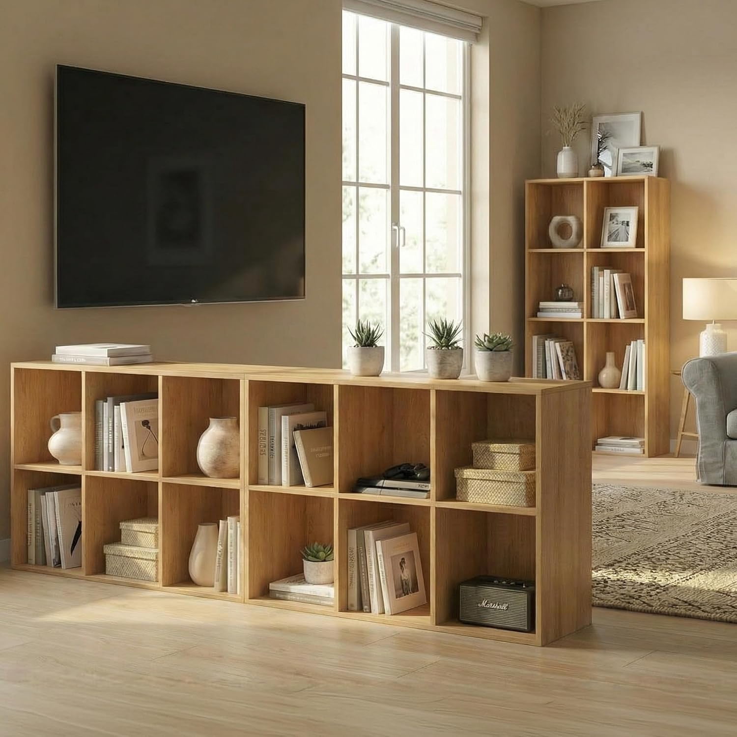 Jpiziso 6 Cube Storage Organizer 35.98" x 9.45" x 24.09" Bookcases with Closed Back for Home Office, Living Room, Bed Room Natural Oak
