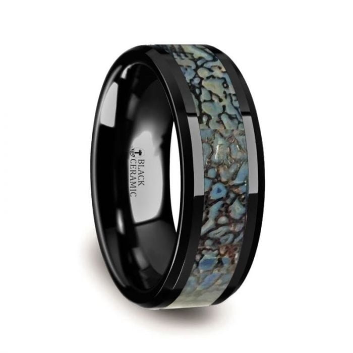 Thorsten PERMIAN Blue Dinosaur Bone Inlaid Black Ceramic Beveled Edged Ring - 4mm or 8mm Thorsten PERMIAN Blue Dinosaur Bone Inlaid Black Ceramic Beveled Edged Ring - 4mm or 8mm