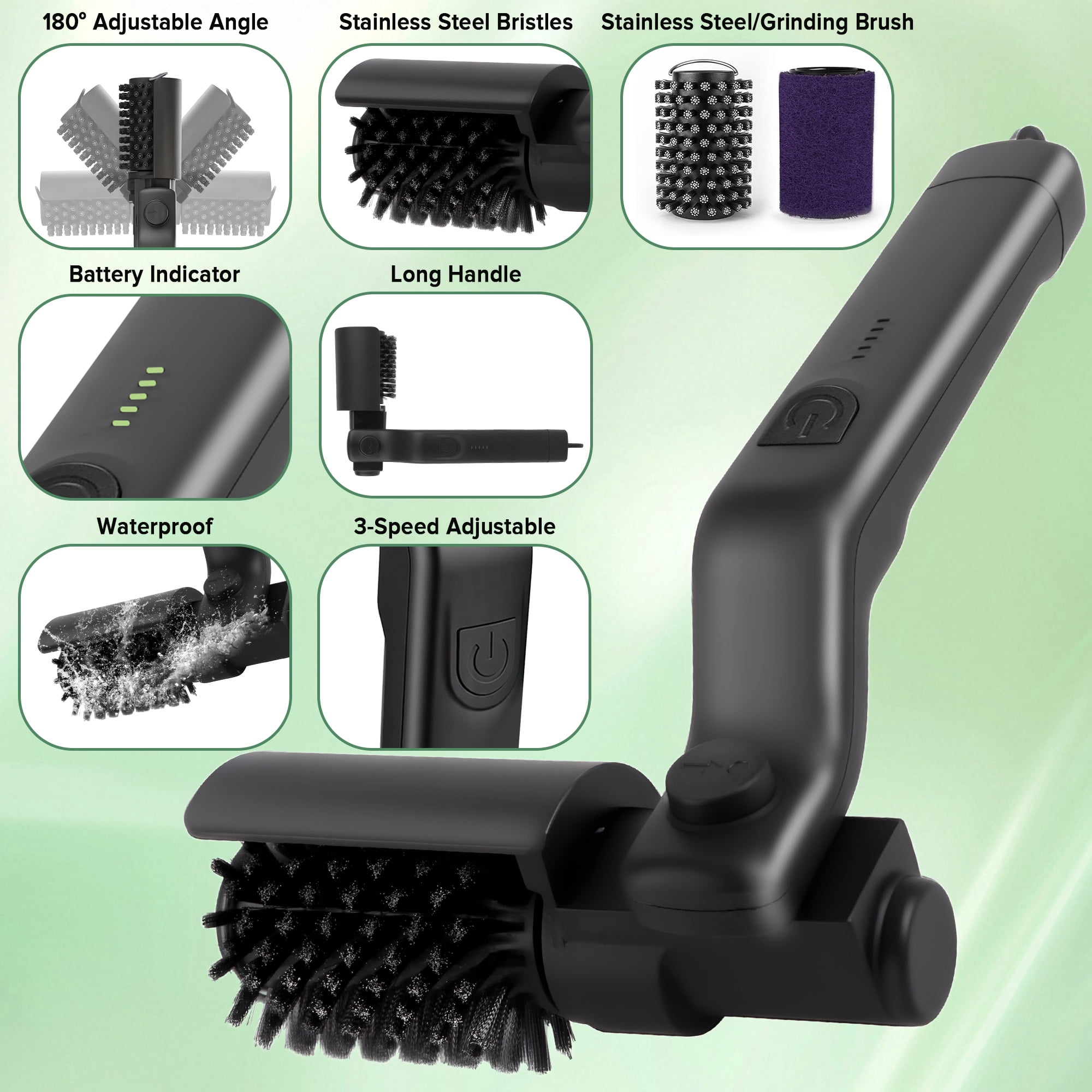 Electric Grill Brush, 180° Adjustable Angle, 3-Speed Power Motor, 90-Min Runtime, Rechargeable, Outdoor Kit Grill Cleaner for BBQ Grates Griddles