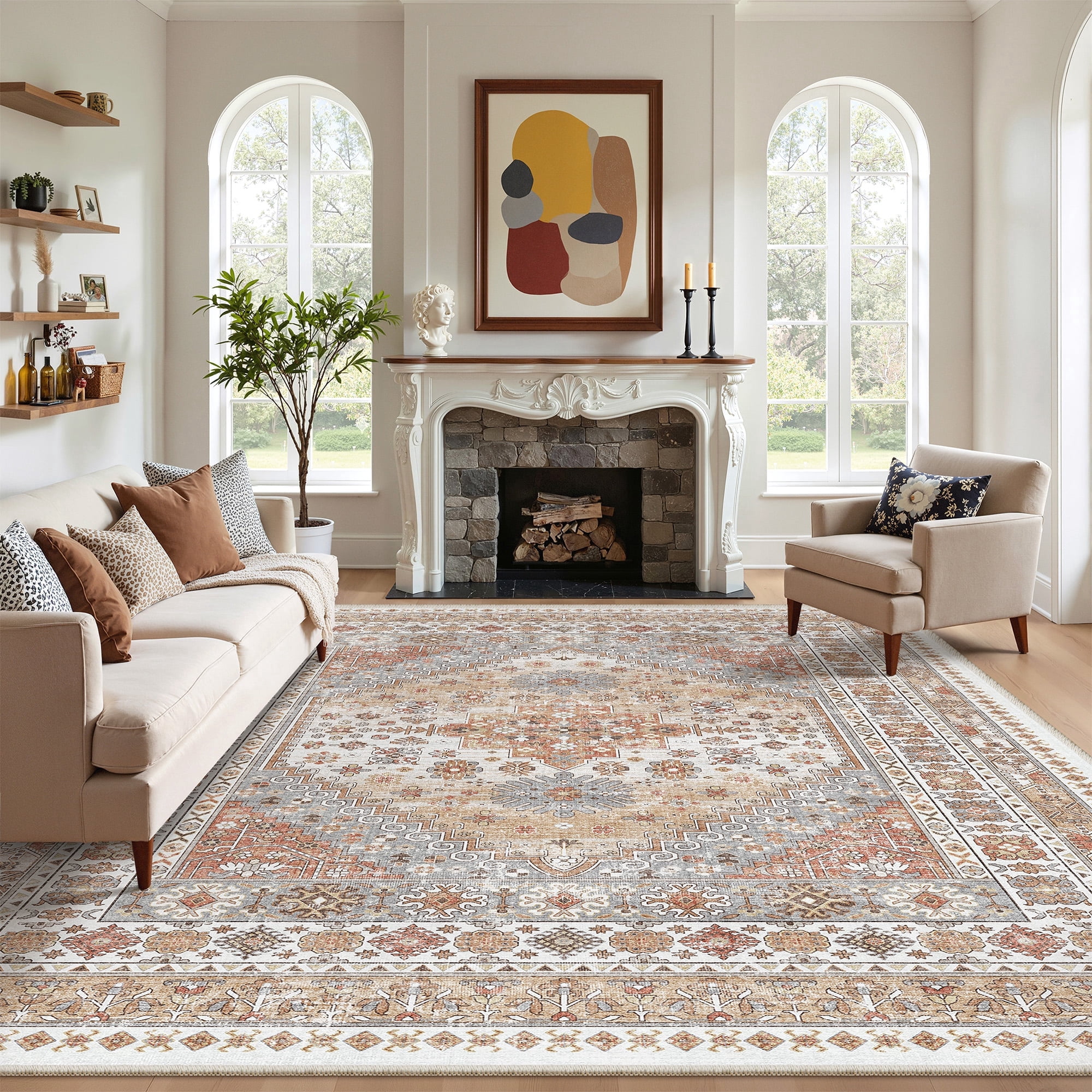 Roxstand Washable Area Rugs 8x10, Stain Resistant Lightweight Vintage Rugs for Living Room, Non Skid Farmhouse Bedroom Rugs(8'x10', Vintage03-Orange)