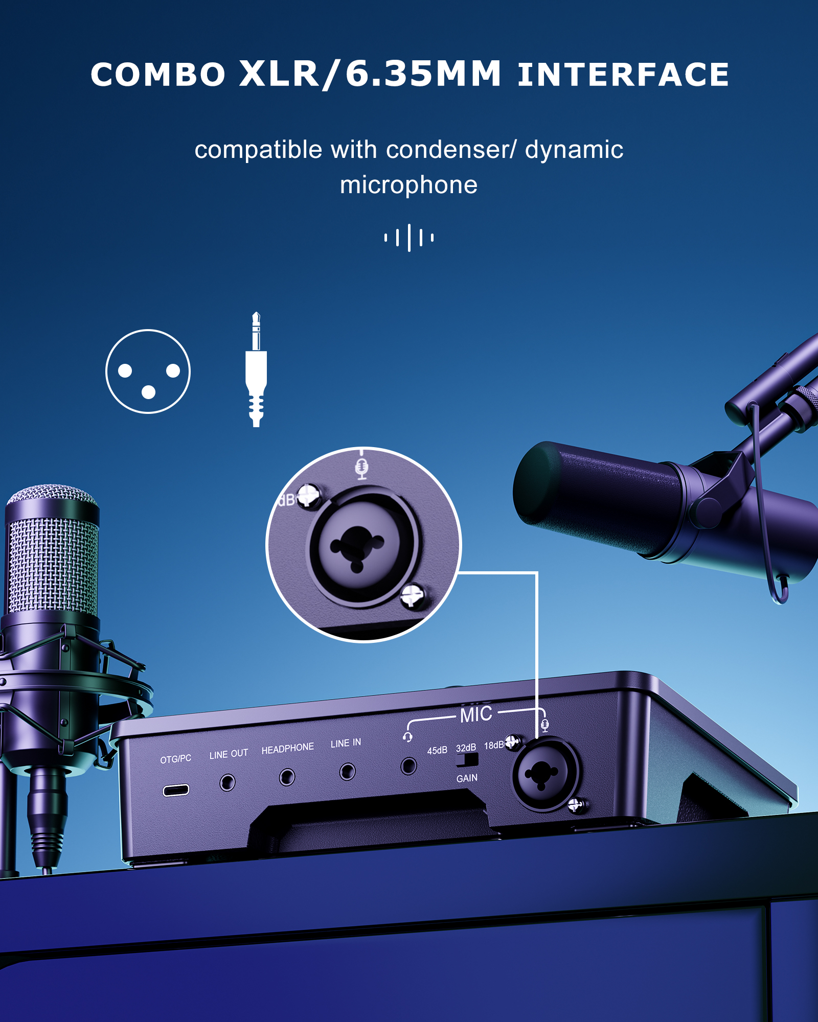 Gaming Sound Board Audio Interface Voice Changer for PC PS4 PS5 Streaming Mixer Soundboard Compatible with XLR Condenser/Dynamic Microphone