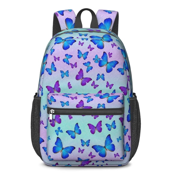 Butterfly and Blue Purple Pattern 17" Waterproof Oxford School Backpacks for Teens, S-Shape Padded Straps, for School, Travel, Hiking, Camping