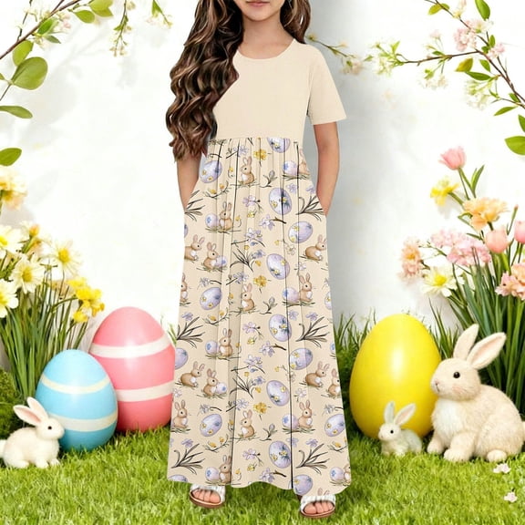 Vmvidoty Girls Maxi Dress Short Sleeve Belt Dress for Spring Summer 4-14 Years Beige 13-14 Years
