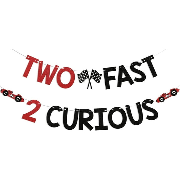 Two Fast Two Curious Banner - Two Fast Sign, Racing Two Years Old Birthday Decor, Vintage Red Racing Car 2nd Birthday Party Decorations Black Red