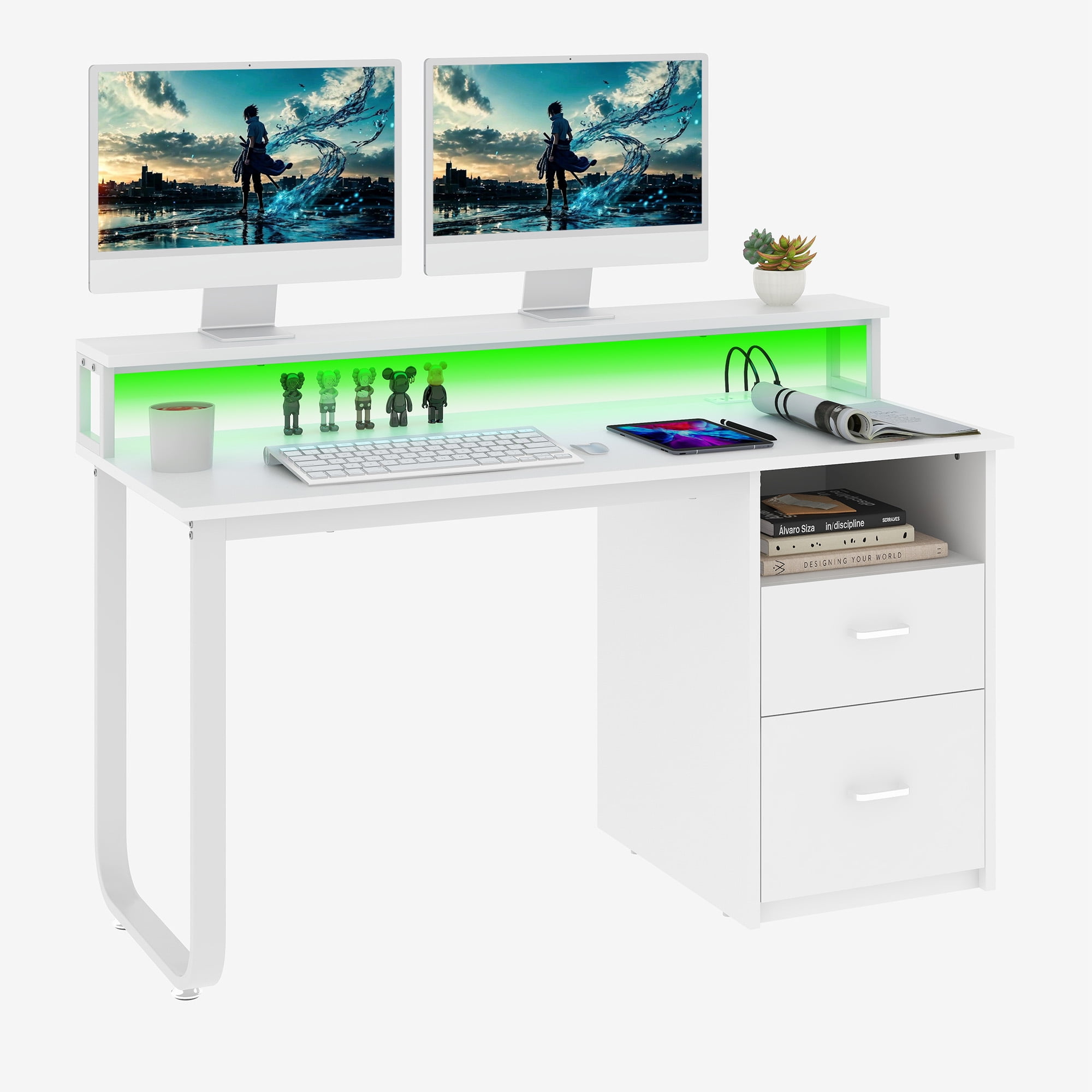 Uforic Computer Desk With LED Light & 2 Drawers, 47" Modern Office Desk for Home Office, White