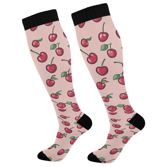FORMRS Womens Knee High Socks Casual Long Thick Travel Daily Wear, 1 Pair, Cherries Pattern