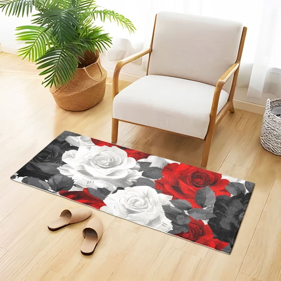 Red Grey Roses Flowers Bathroom Rug Non Slip Bathroom Mats Entry Door Soft Carpets for Kitchen Bedroom Living Room 39x20 inch