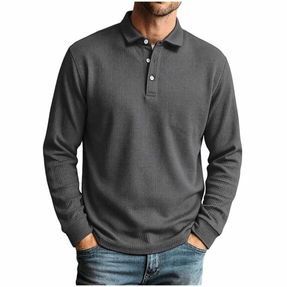 Lmueinov Plus Size Long Sleeve Shirts for Men Waffle Knit Collar Casual Business Tops Solid Button Placket Workout Tops Golf Office Everyday Wear