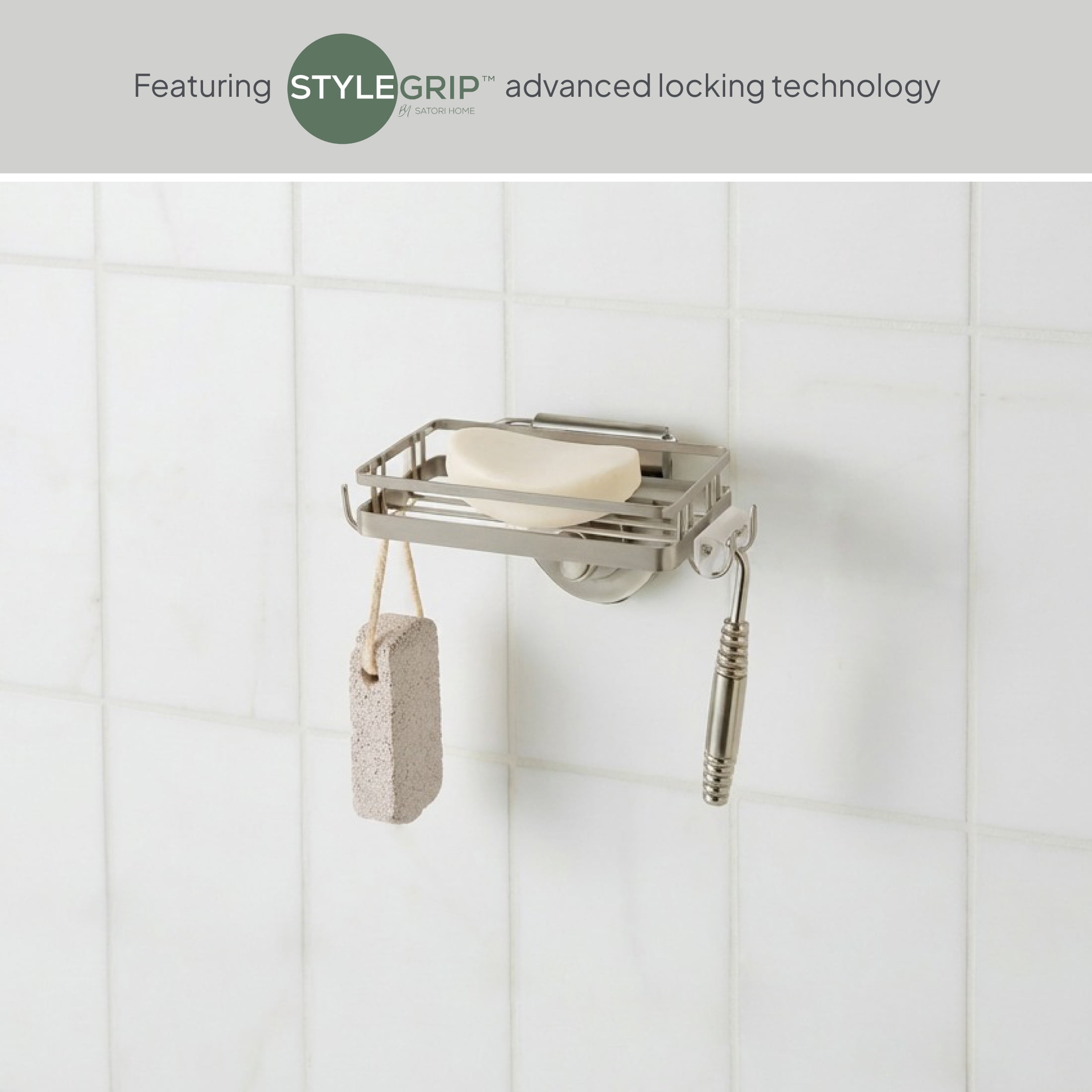 Better Homes & Gardens StyleGrip™ Suction Mount Soap Dish with Hooks, Satin Nickel