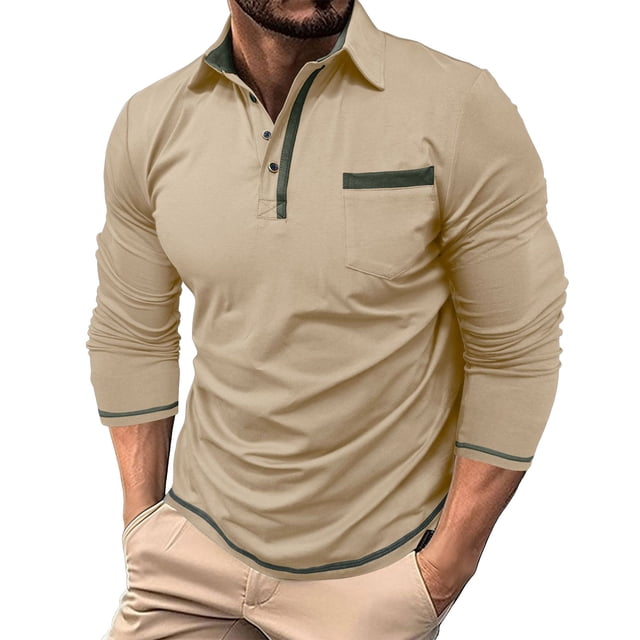 Ceisia Men's Slim Fit Long Sleeve Turndown Collar Shirt with Contrast Trim and Chest Pocket Khaki M Gifts