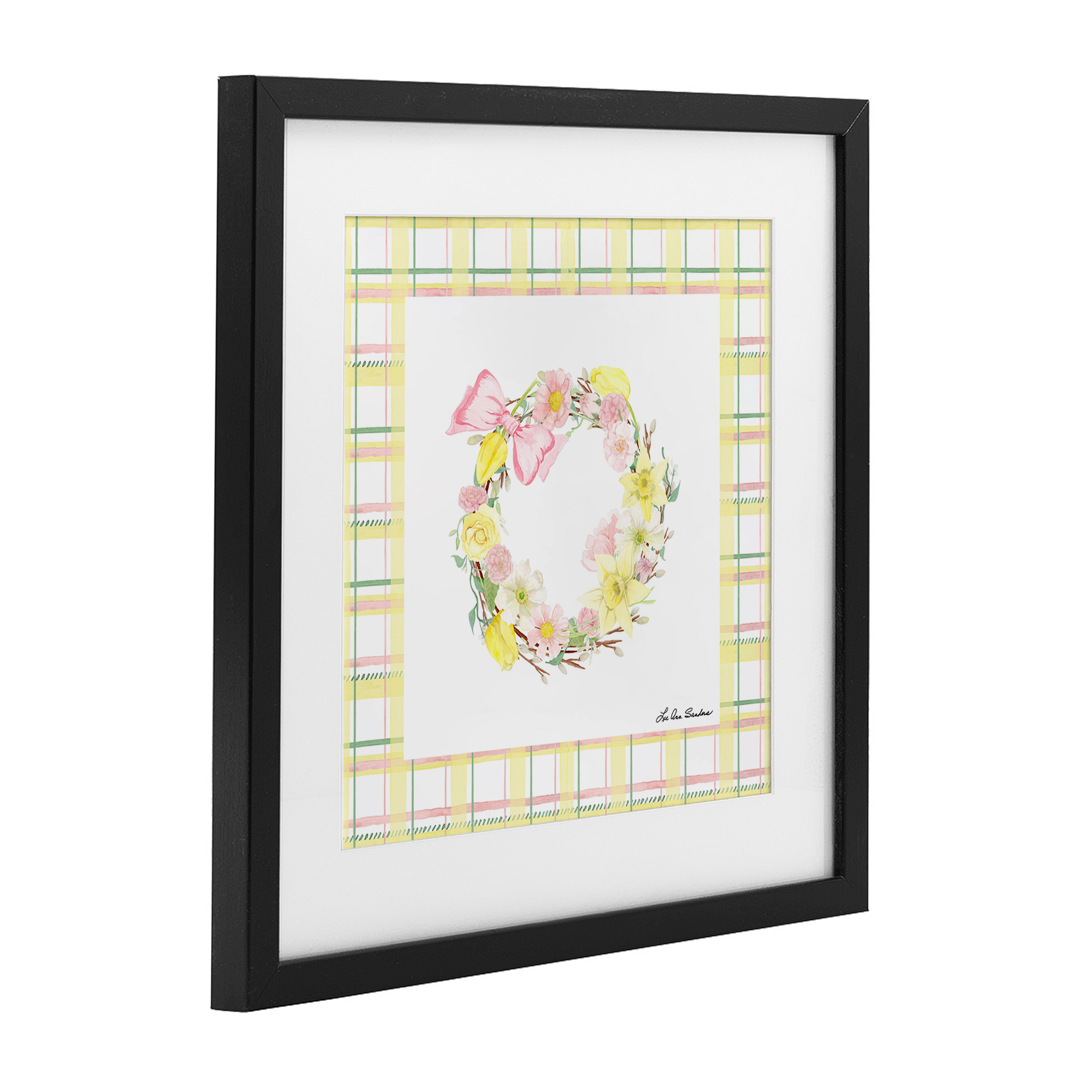 Wreath in Spring Pastels Black Framed Print Under Glass, design by Lee Ann Sanders
