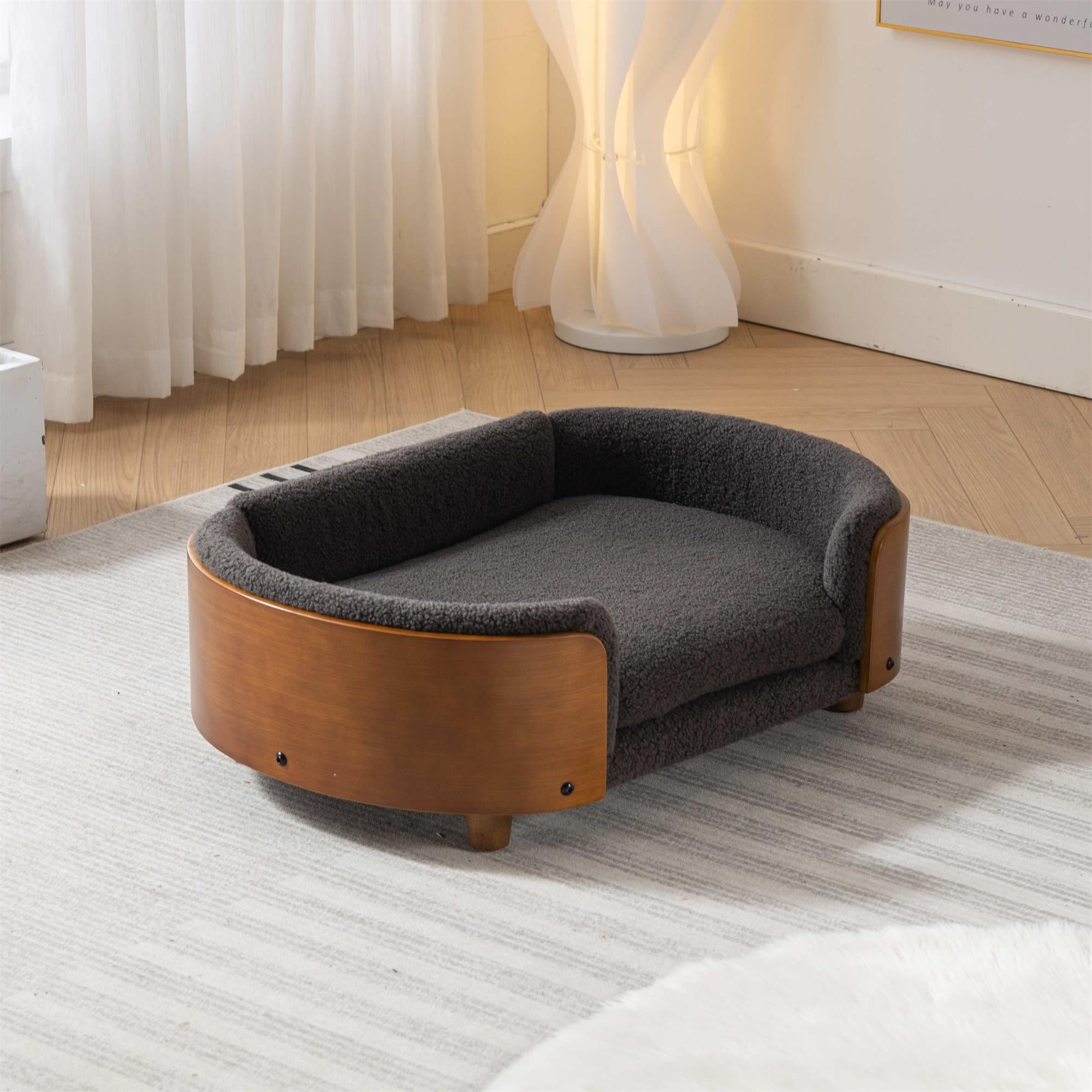 Pefilos 30" Elevated Pet Dog Bed with Solid Wood Legs and Walnut Bent Wood Back, Cashmere Cushion, Pet Sofa for Indoors Dogs, Gray Pefilos 30" Elevated Pet Dog Bed with Solid Wood Legs and Walnut Bent Wood Back, Cashmere Cushion, Pet Sofa for Indoors Dogs, Gray