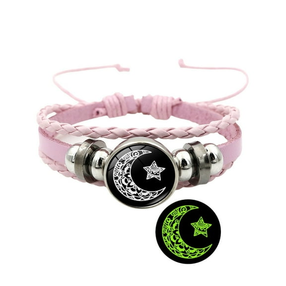 Luminous Sun Moon Lovers Leather Bracelet For Glow In The Dark Adjustable Wristband Boho Celestial Charm Jewelry Pink