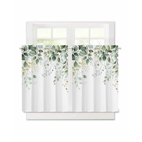 Eucalyptus Leaf Short Blackout Curtains 45 Inch Long Watercolor Green Plant Farm Rod Pocket Kitchen Curtains, 2 Panels Thermal Insulated Room Darkening Drapes for Bedroom, 30"W x 45"L
