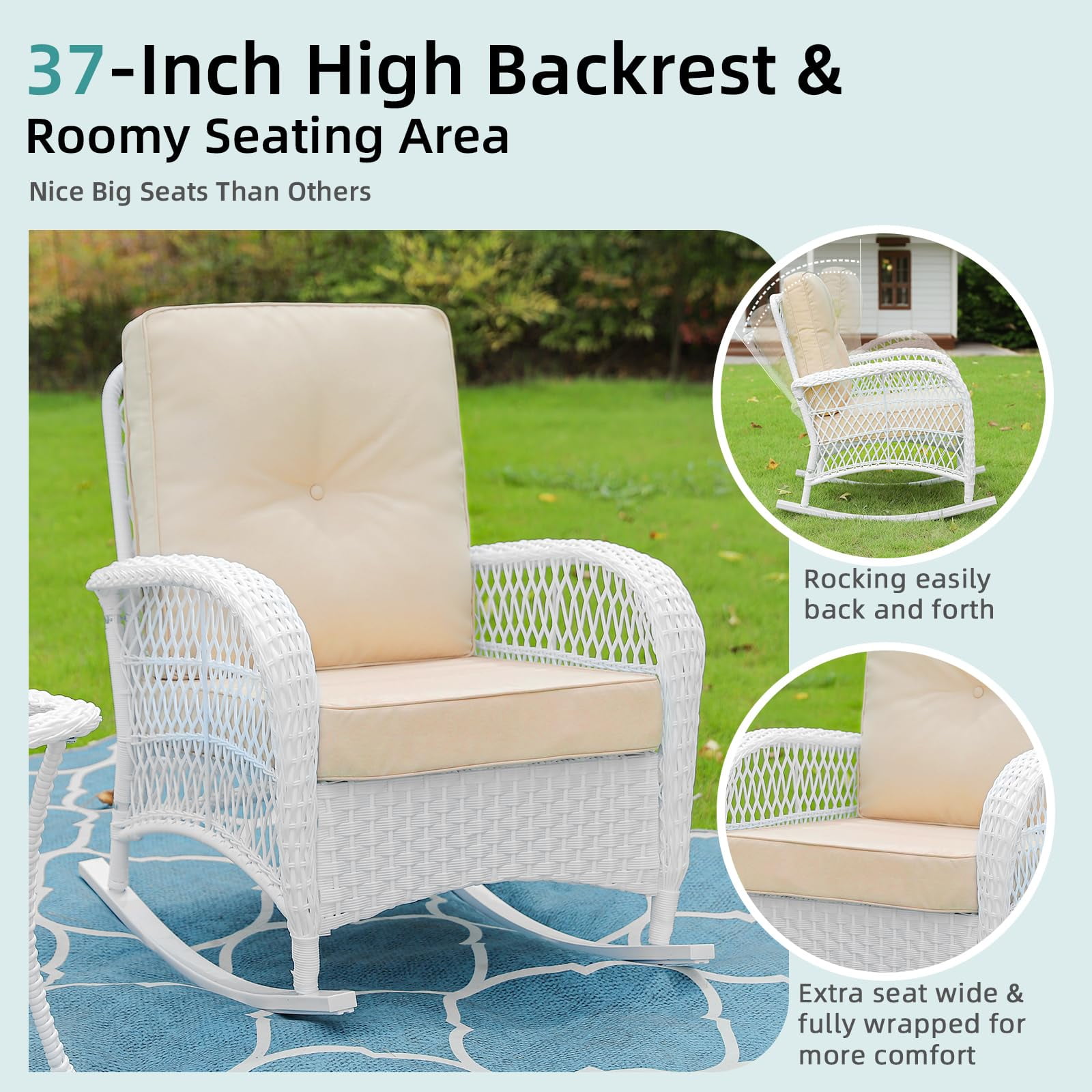 MEETWARM 3 Pieces Patio Conversation Set, Rattan Outdoor Rocking Patio Bistro Set with 2 Rockers and 1 Side Table with 4" Thick Cushions, Outdoor Furniture Set for Porch Backyard, White Wicker/Beige