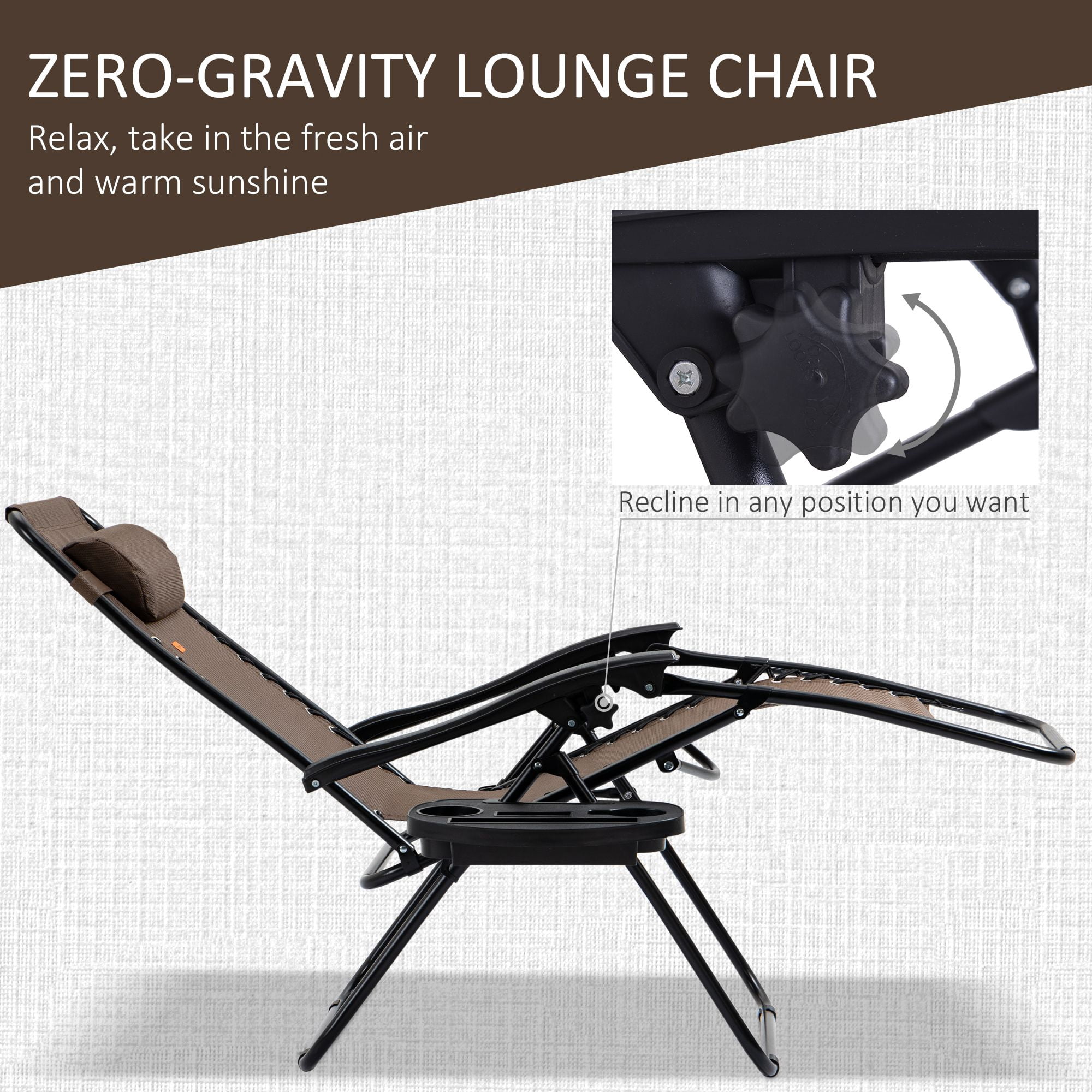Zero Gravity Chair Set, 3 Piece Recliner with Side Table Cup Holder Headrest Brown Poolside Camping