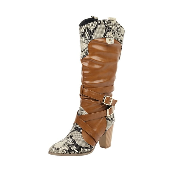 jsaierl Snake Print Color Block Belt Buckle Thick High-heeled Ladies High Boots