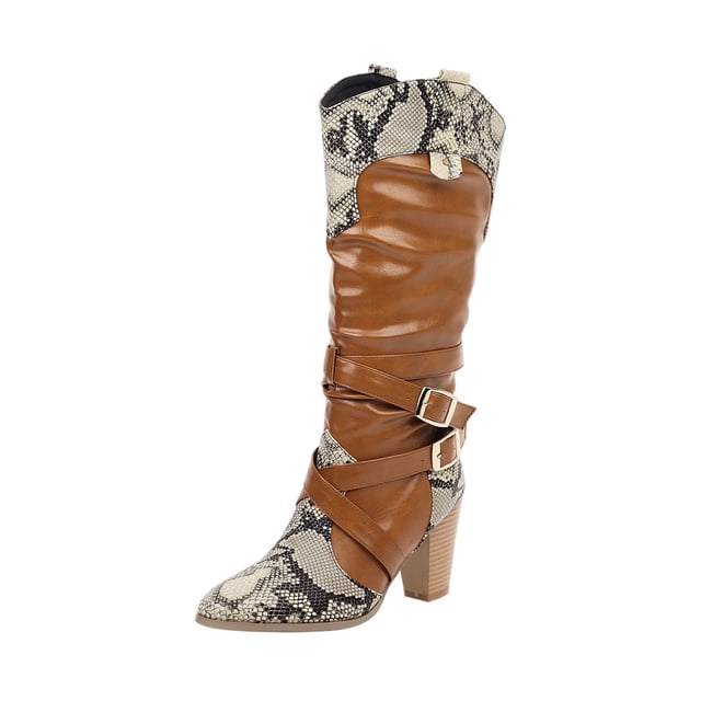 jsaierl Bottes Hautes à Talons Épais pour Femmes avec Boucle de Ceinture à Imprimé Serpent et Bloc de Couleur
