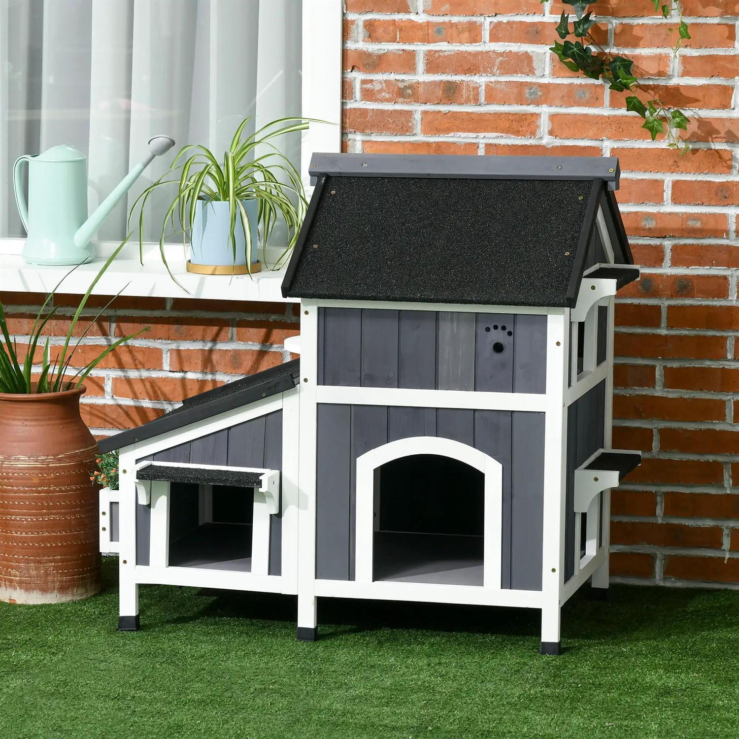 Pefilos 37" Outdoor Weatherproof Cat House with Garden Bed, Multiple Entrances, Wooden Feral Shelter for Cats and Small Animals, Gray