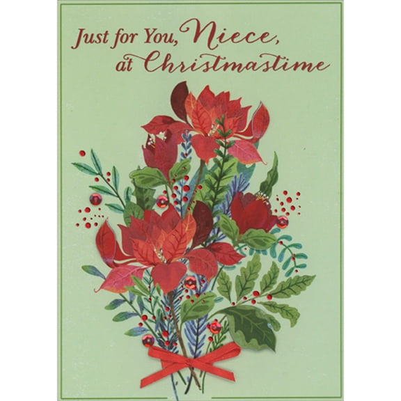 Designer Greetings Bouquet of Red Poinsettias with 3D Petals and Leaves, Sequins and Ribbon Hand Decorated Christmas Card for Niece