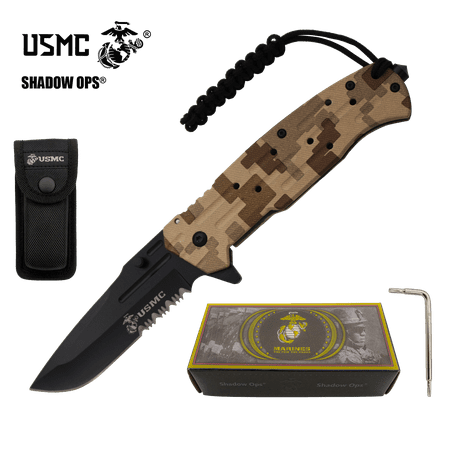 USMC Officially Licensed US Marines Desert Camo Ball Bearing Action Blade Tactical Rescue Knife Belt