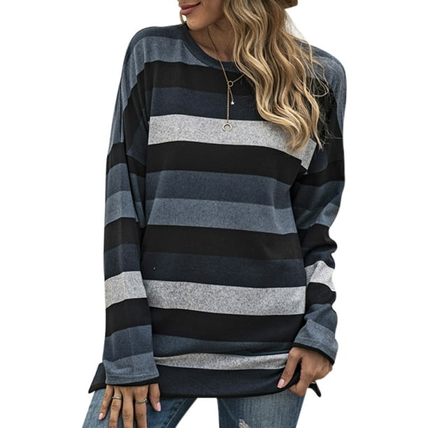Abtel Women Casual T Shirt Blouse Plus Size Long Sleeve Stripe Patchwork Pullover Tops Walmart Com Walmart Com
