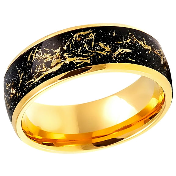 Men's Women's Tungsten Wedding Band Engagement Ring 8mm Yellow Gold IP Plated Domed Ring with Imitation Meteorite Inlay 
