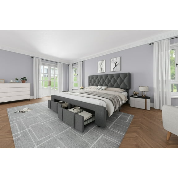 King Size Bed Frame, Upholstered Platform Bed Frame with 2 Storage Drawers, Sturdy Wooden Slats Support, Noise-Free, No Box Spring Needed, Beige