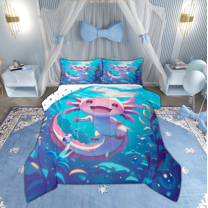 Manfei Funny Axolotl Child Full Size Comforter Sets, Blue Pink Cartoon Bedding Comforter Set, Kawaii Cute Animal Reversible Bedding Sets, Super Cozy Room Decor, 3-Piece