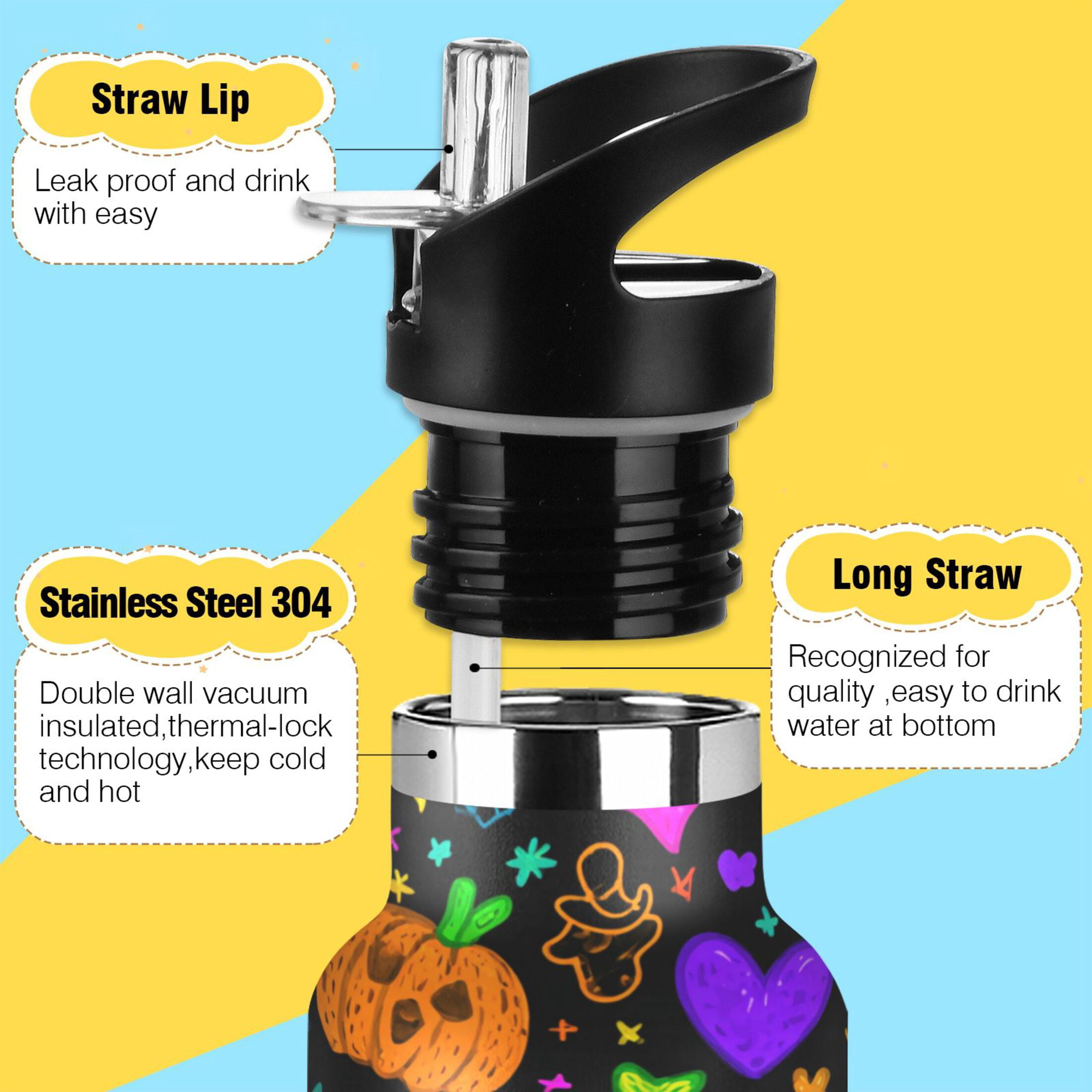 Kids Insulated Stainless Steel Sports Water Bottle 600ml (20oz) Colorful Cartoon Halloween Symbols