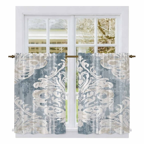 Vintage White Beige Floral Tier Curtains, Abstract Art Flower Light Filtering Kitchen Curtains, 2Pcs Rod Pocket Half Window Treatments Panels for Sink Cafe Cabinet Basement 27.5x45 Inches