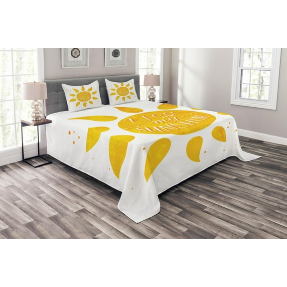 Ambesonne Yellow Quilted Bedspread Set 3 Pcs, Sun Romance Words White, Queen Size, Yellow