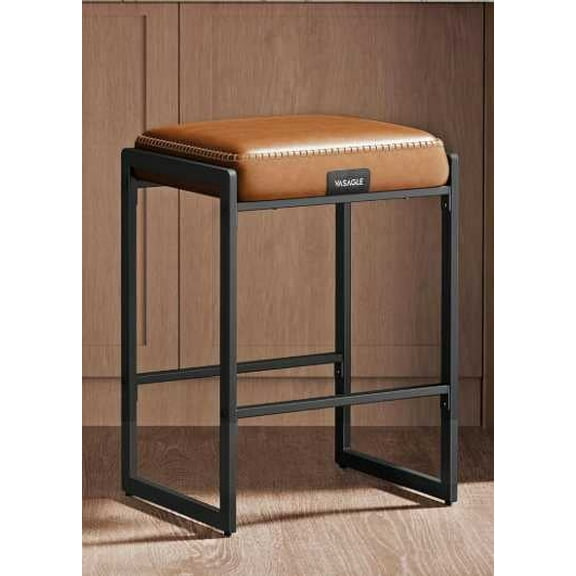 EKHO Mid-Century Modern Bar Stool - 26 Inch Counter Height, Synthetic Leather with Decorative Stitching, Sturdy Metal Frame, Caramel Brown